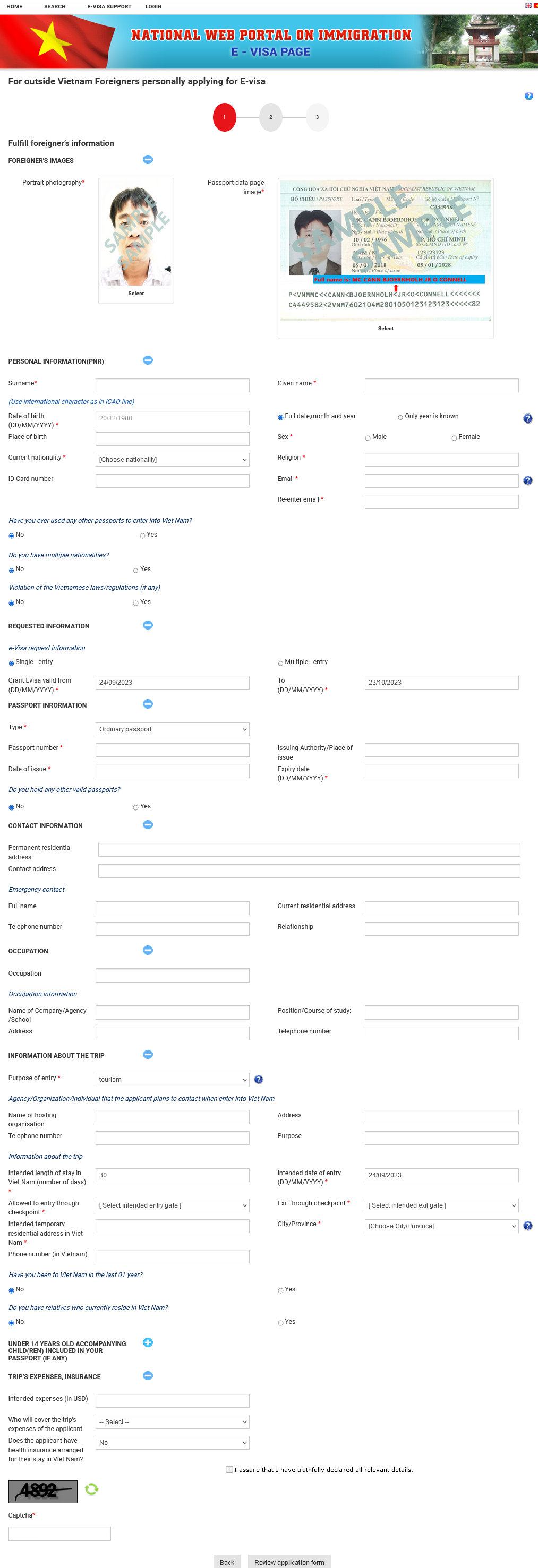 A screenshot of foreigner apply for e-visa - National portal on Immigration