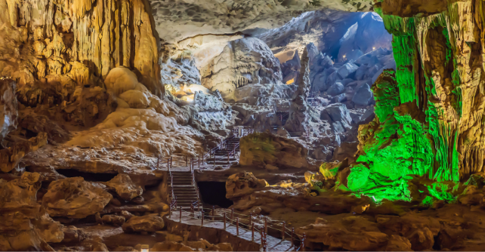 a cave with coloured lights